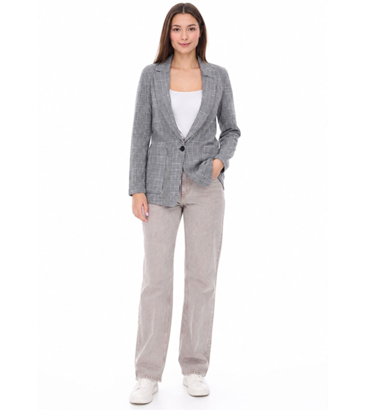 vestino Blazer de otoño a cuadros para mujer con solapa, chaqueta para uso diario Gris