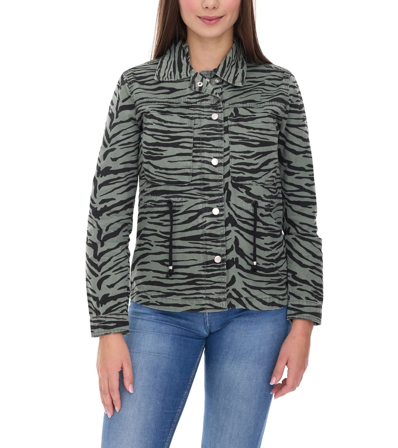 vestino Chaqueta de transición para mujer de algodón con estampado animal, vaquera de verano Caqui/Negro