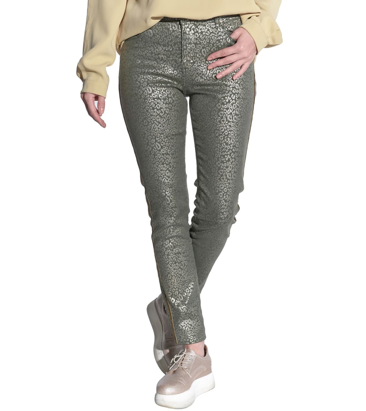 vestino Pantalón para mujer con estampado de leopardo, detalles brillantes y rayas decorativas - Pantalón casual, pantalón de otoño Verde