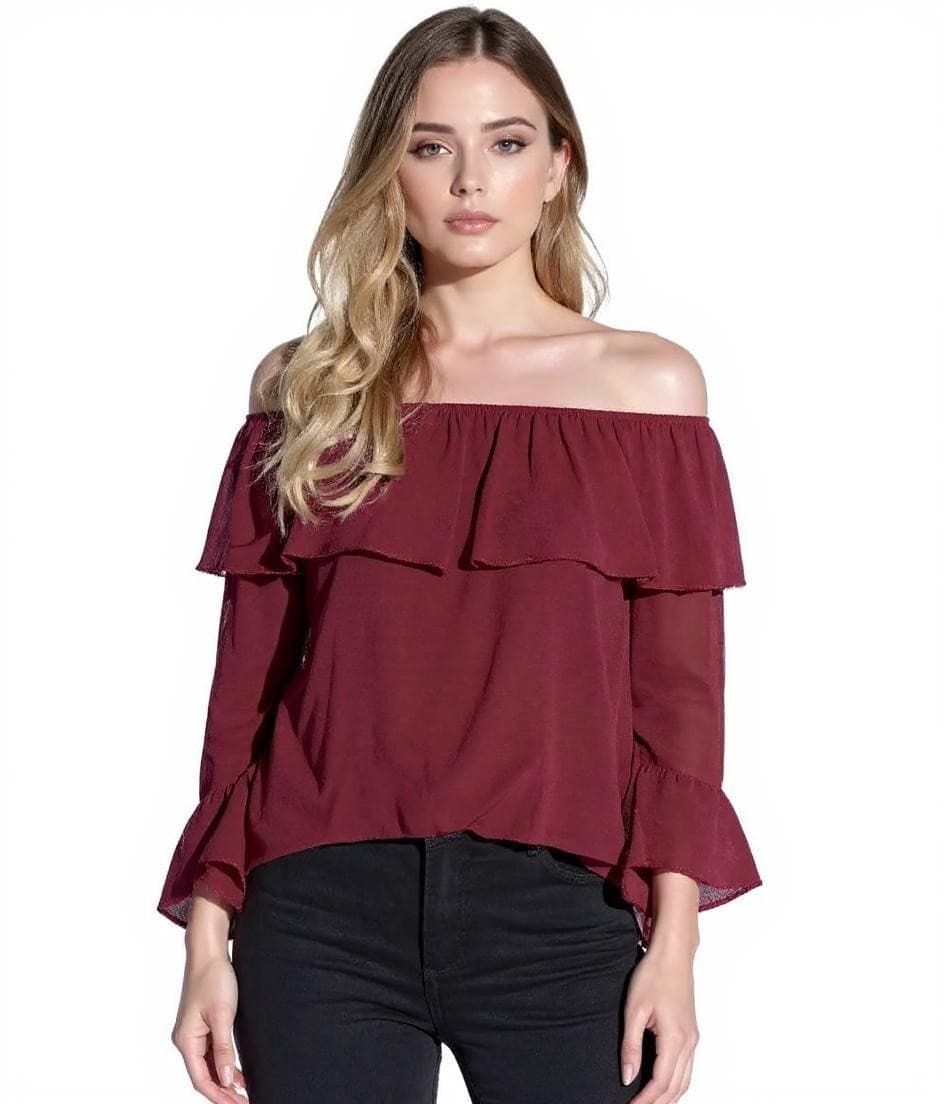 vestino Blusa con hombros descubiertos y volantes, blusa de verano roja