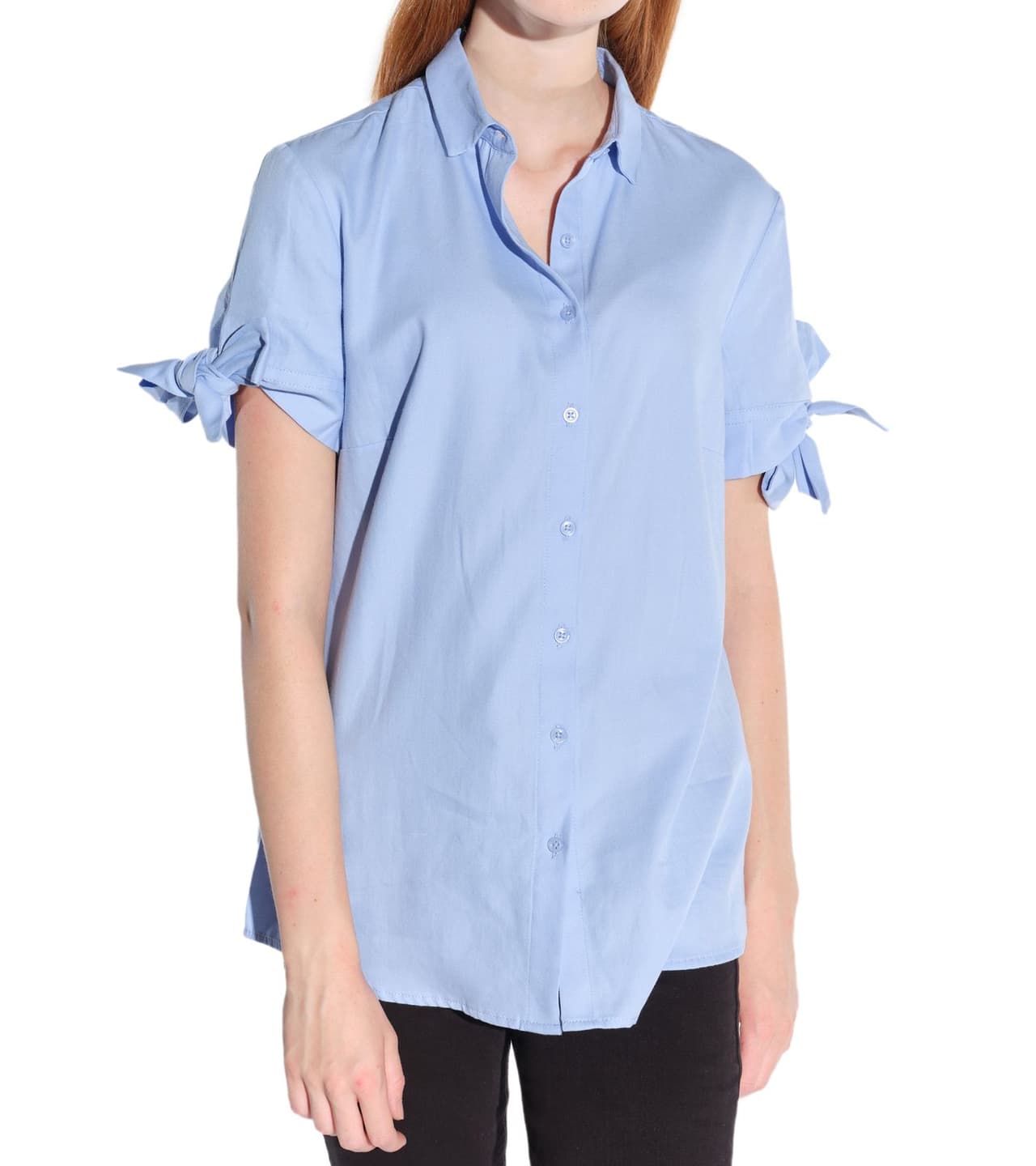 vestino Blusa de mujer de manga corta con lazo, blusa estilo camisa, camisa de negocios azul