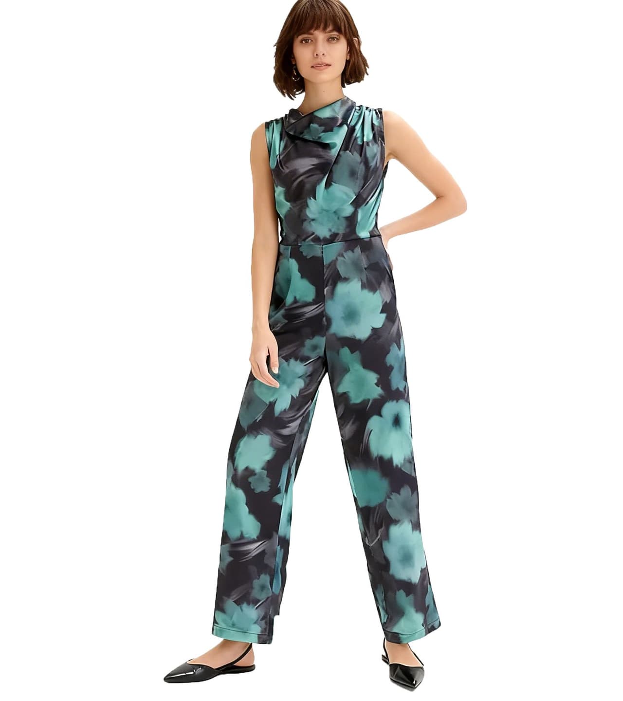 O46BPX (MB1) Mono Floral de Satén para Mujer con Estampado Floral - Conjunto Vacacional Verde/Azul