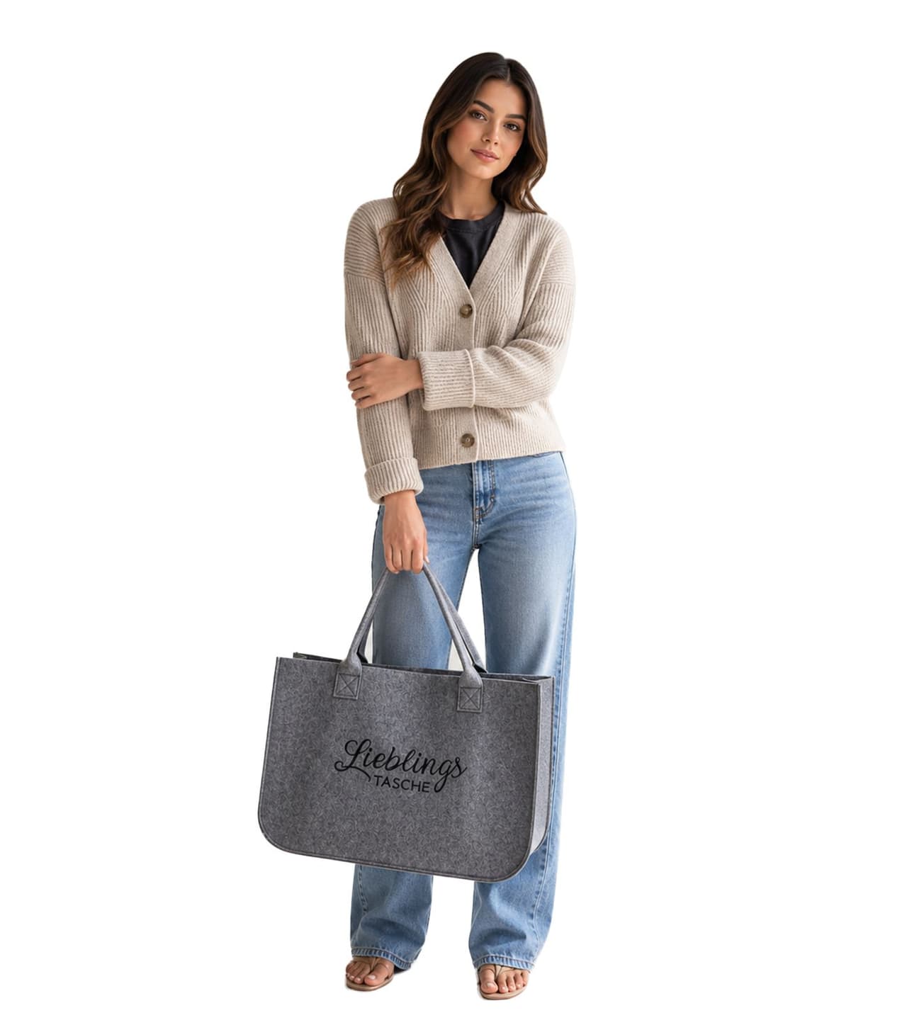 gwd Trend & Ambiente Bolso de fieltro favorito para mujer, elegante bolso tote de compras hecho de fieltro con bordado, 50x35x25cm, gris