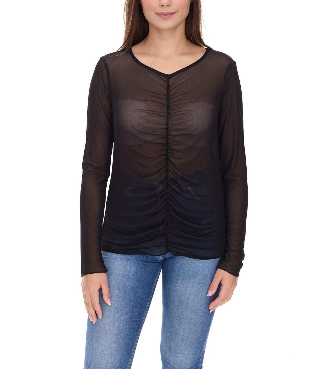 Aniston Camisa informal de manga larga para mujer suéter transparente de uso diario con cuello en V, camisa de verano negra