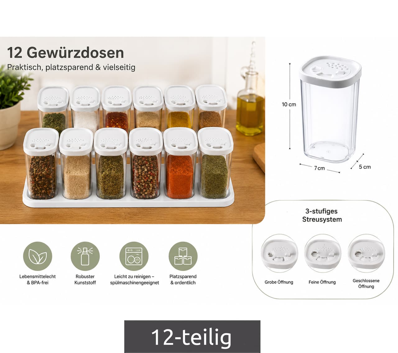 O46VS (MB8) Juego de 12 Especieros de Plástico con Tapa y 2 Soportes – Recipientes de 250 ml para Especias, Hierbas, Pimienta y Sal – Transparente/Blanco