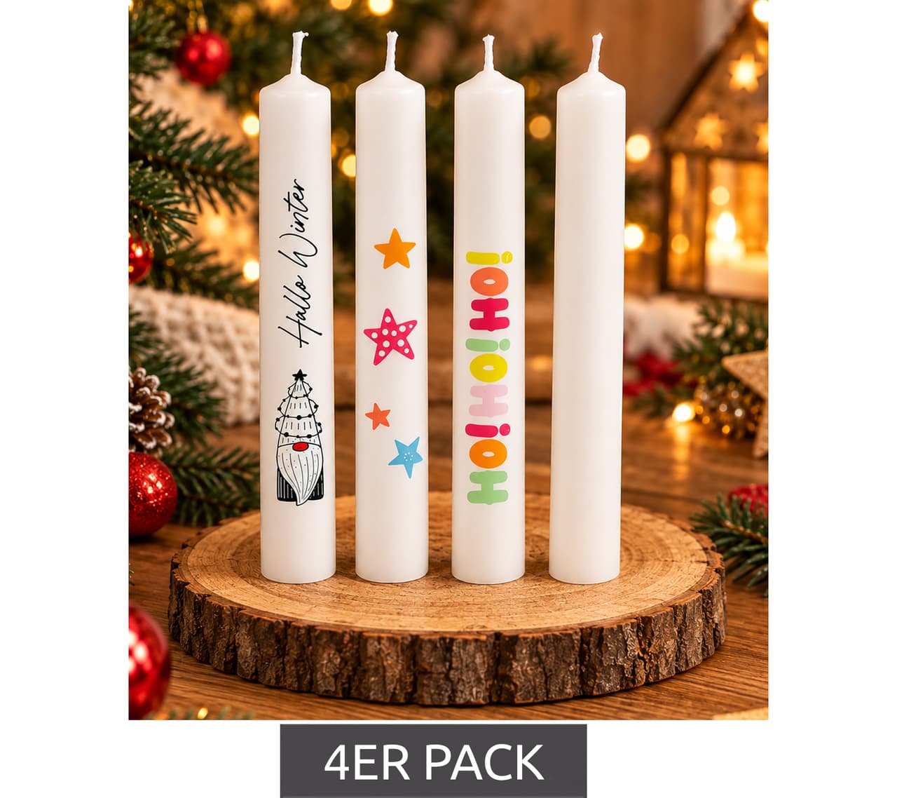 O46PN (MB10) Pack de 4 velas cilíndricas de cera con 40 diseños navideños diferentes para decorar velas (2 x 19,5 cm, blancas)