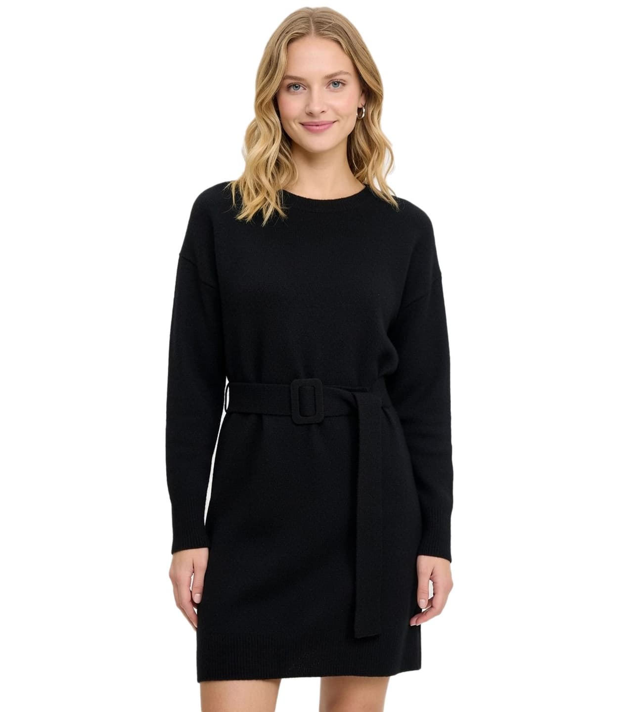 O46BPX (MB1) Vestido de punto cómodo para mujer, minivestido de manga larga con cinturón Negro