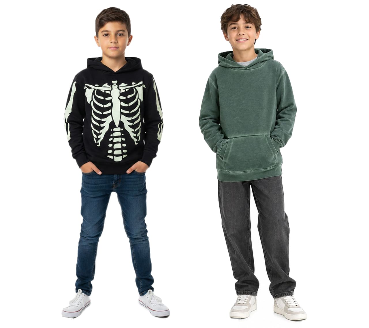O46BPX (MB1) Sudadera con capucha sostenible para niños – Suave sudadera con capucha de mezcla de algodón y diseño de esqueleto (Modelo Verde o Negro)