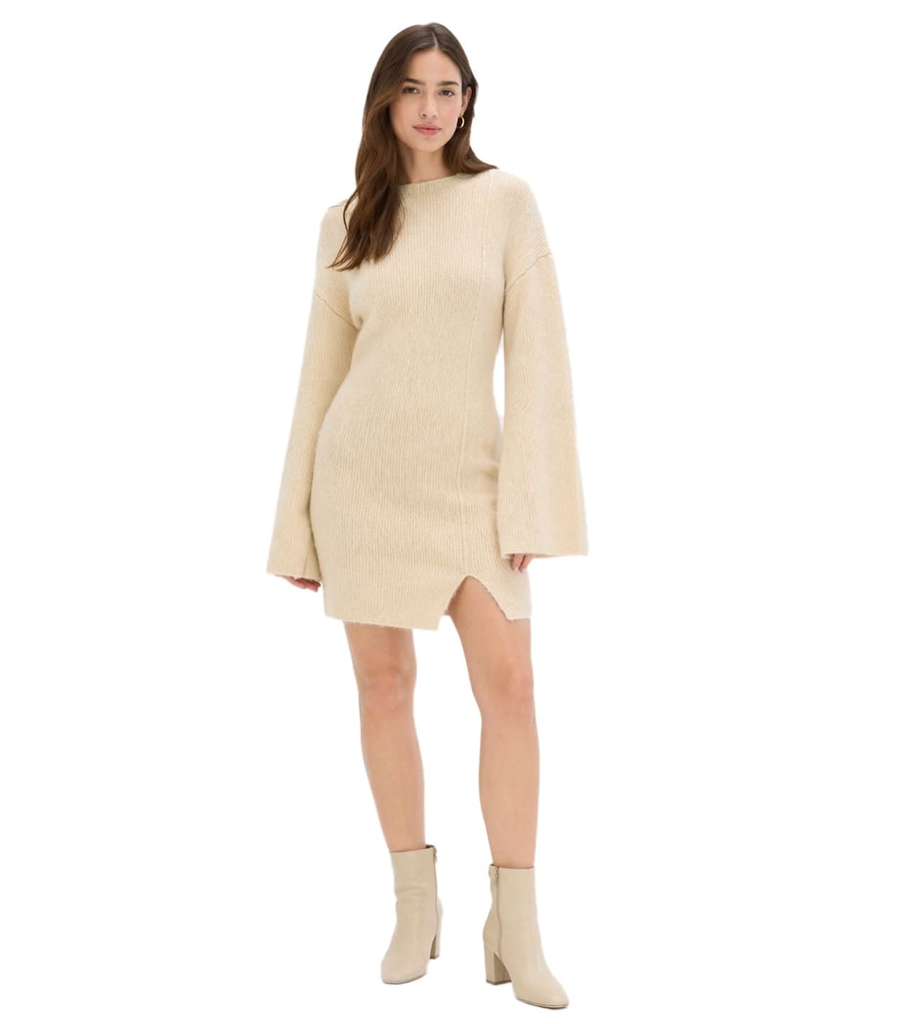 O46BPX (MB1) Vestido de punto para mujer con mangas acampanadas, de lana, minivestido color arena-beige