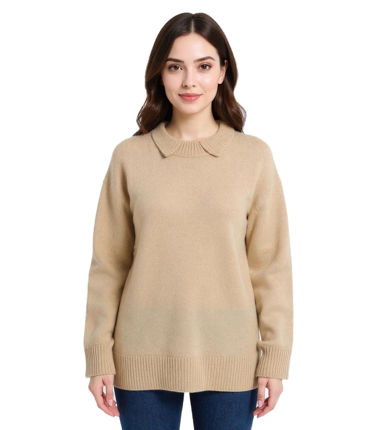 O46BPX (MB1) Suéter de punto para mujer con cuello Kent, jersey oversize para diario, Beige