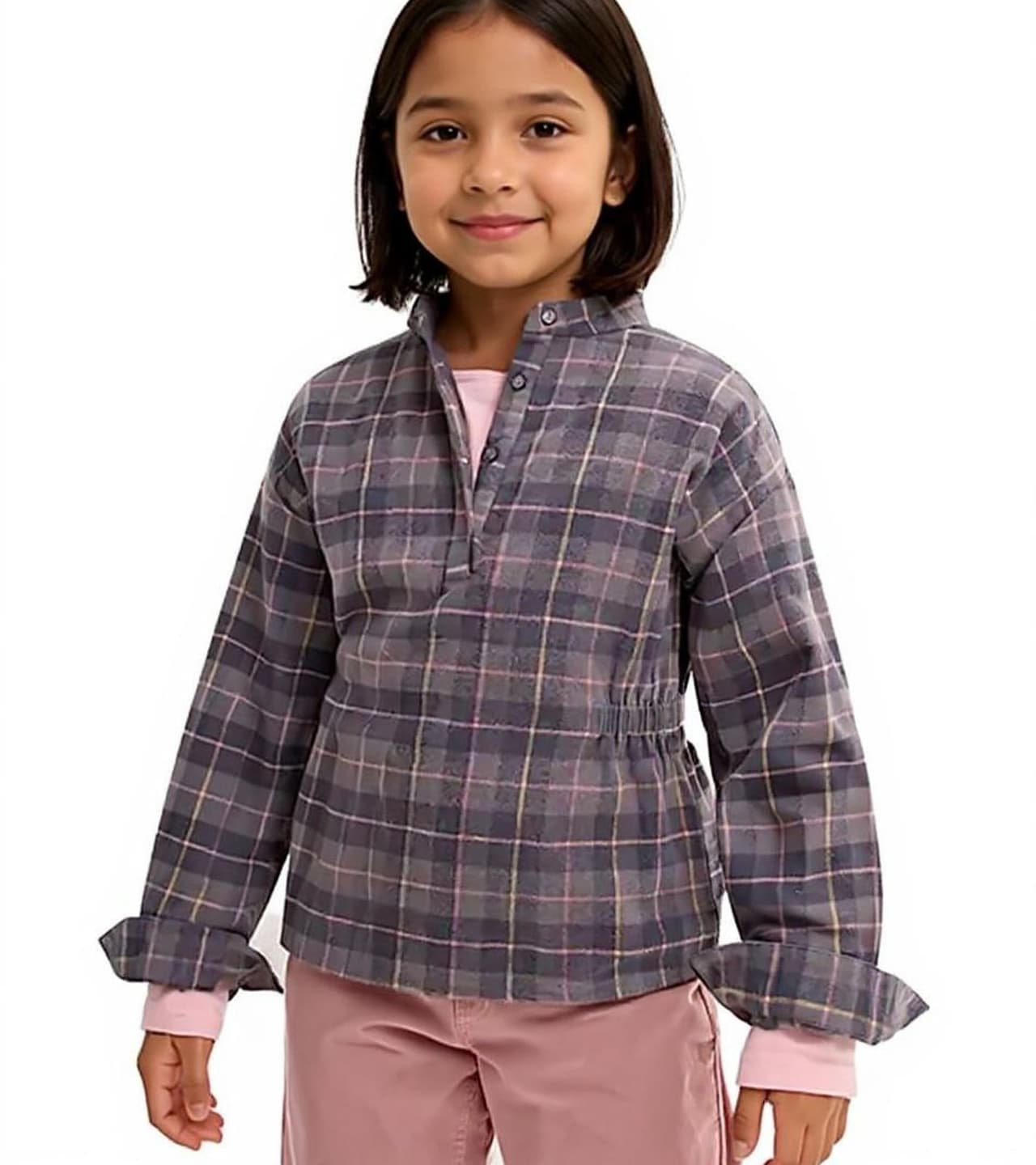 O46BPX (MB1) Blusa infantil de franela para niña, camisa de algodón con cintura fruncida y cierre de botones gris/rosa