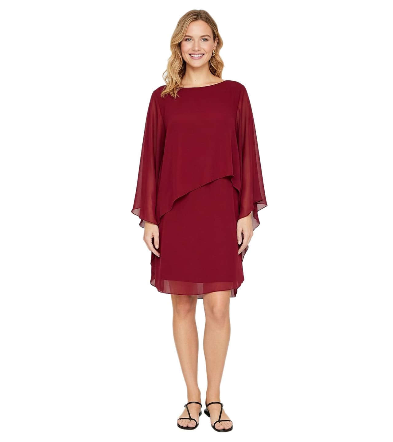 O46BPX (MB1) Elegante vestido de noche para mujer, de gasa y manga larga, para cóctel, 936983, color rojo burdeos