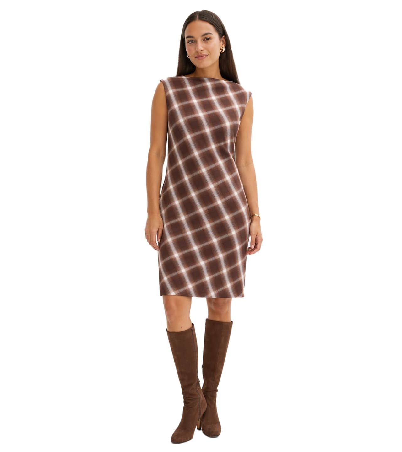 O46BPX (MB1) Elegante vestido de mujer a cuadros, vestido de noche, minivestido, sin mangas, Marrón/Blanco