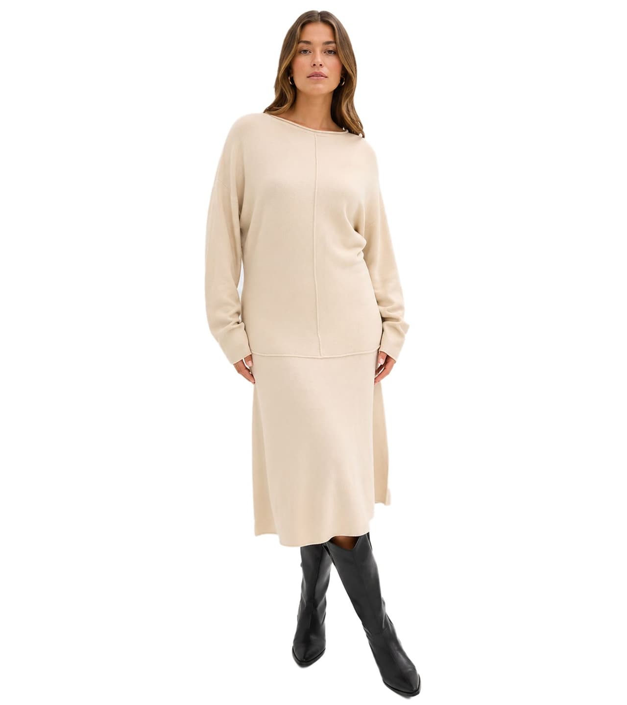 O46BPX (MB1) Vestido de punto cómodo para mujer con costuras decorativas a juego, vestido midi color arena-beige