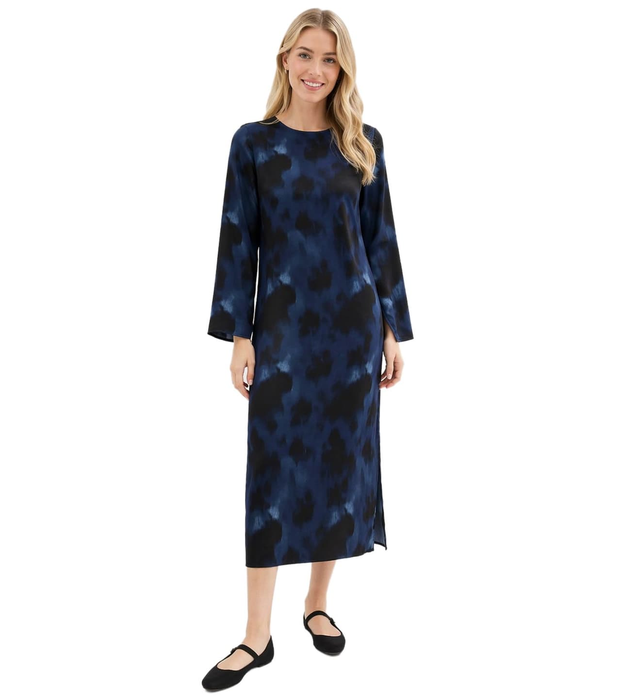 O46BPX (MB1) Vestido midi de satén femenino con estampado abstracto - Vestido de noche Azul/Negro