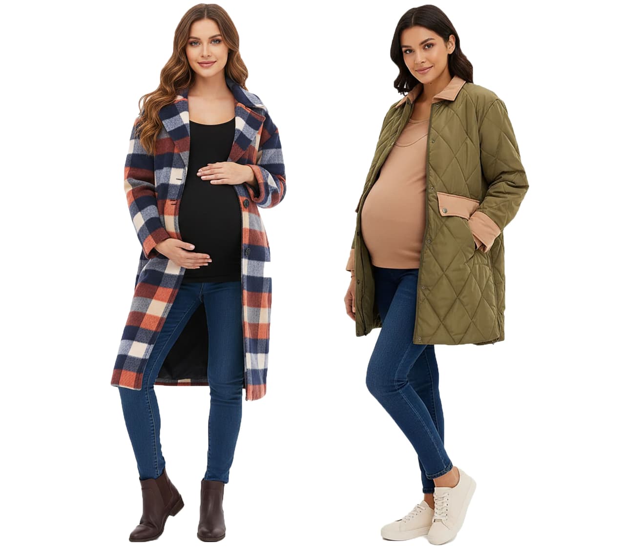 O46BPX (MB1) Abrigo 2 en 1, Abrigo para Mujer, Ropa Premamá, Chaqueta de Embarazo, Chaqueta de Transición, Cuadros Azul/Rojo/Beige o Verde