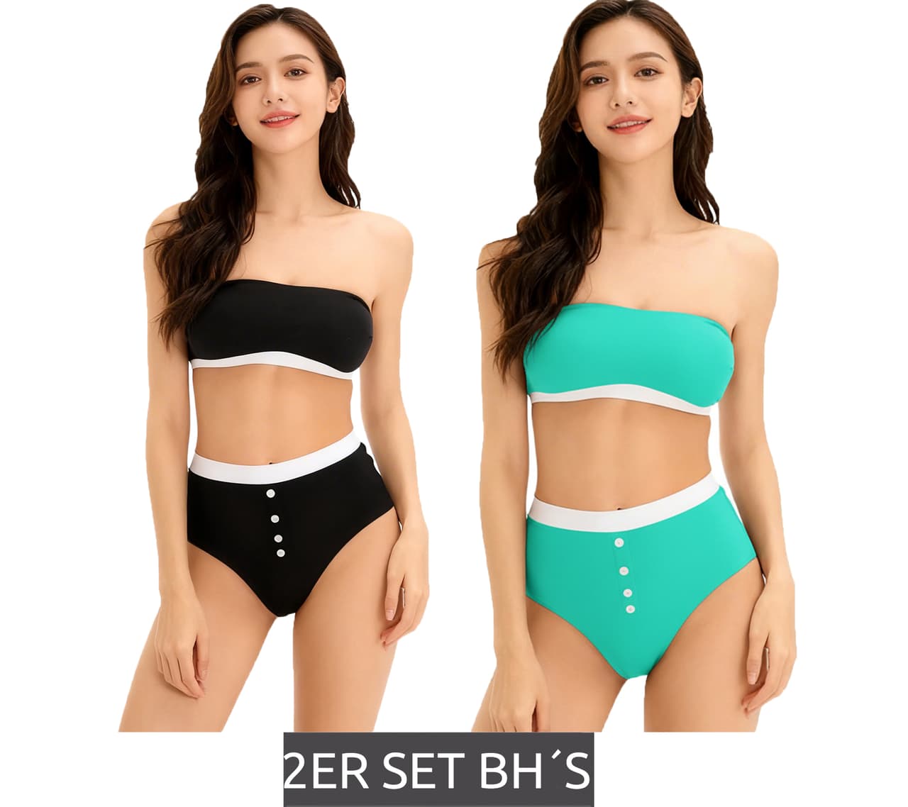 O46BPX (MB1) Pack de 2 sujetadores bandeau para mujer, sin tirantes, de algodón orgánico, sin aros, Negro/Turquesa