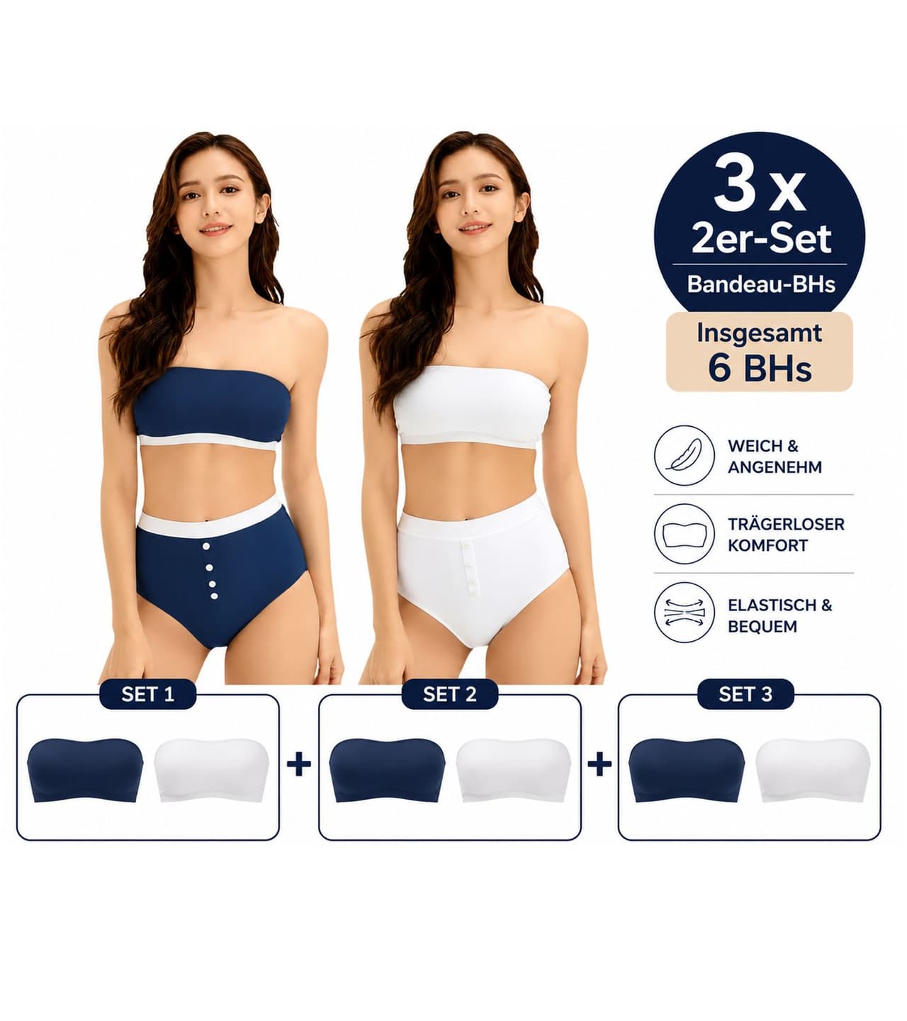 O46BPX (MB1) Conjunto de 3 sujetadores bandeau de 2 piezas para mujer, sin tirantes, de algodón orgánico, sin aros, azul/blanco