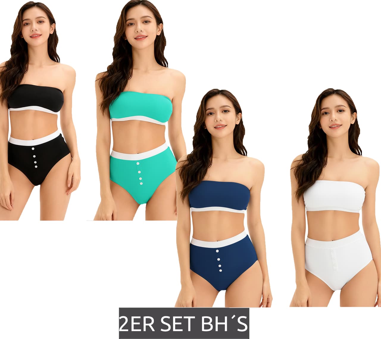 O46BPX (MB1) Pack de 2 sujetadores bandeau para mujer, sin tirantes, de algodón orgánico, sin aros, en negro/turquesa o azul oscuro/blanco