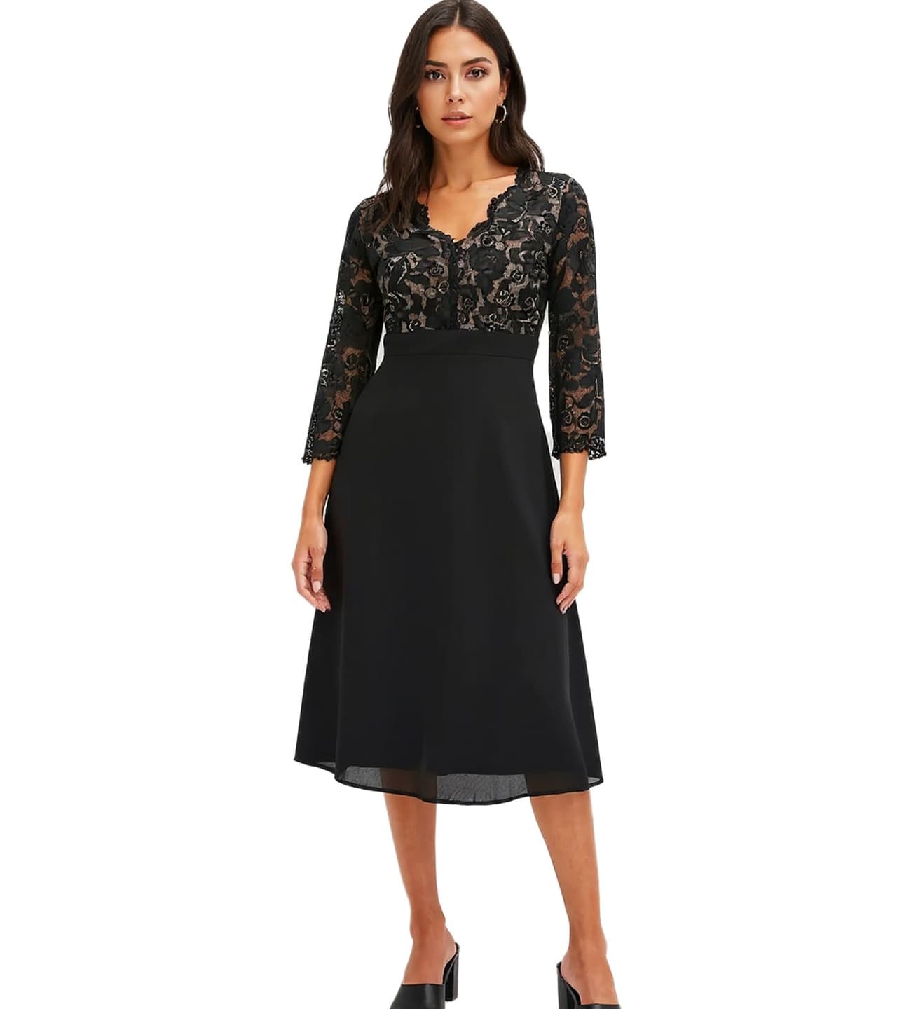 O46BPX (MB1) Vestido de noche atemporal para mujer, vestido midi de gasa con mangas 3/4, Negro