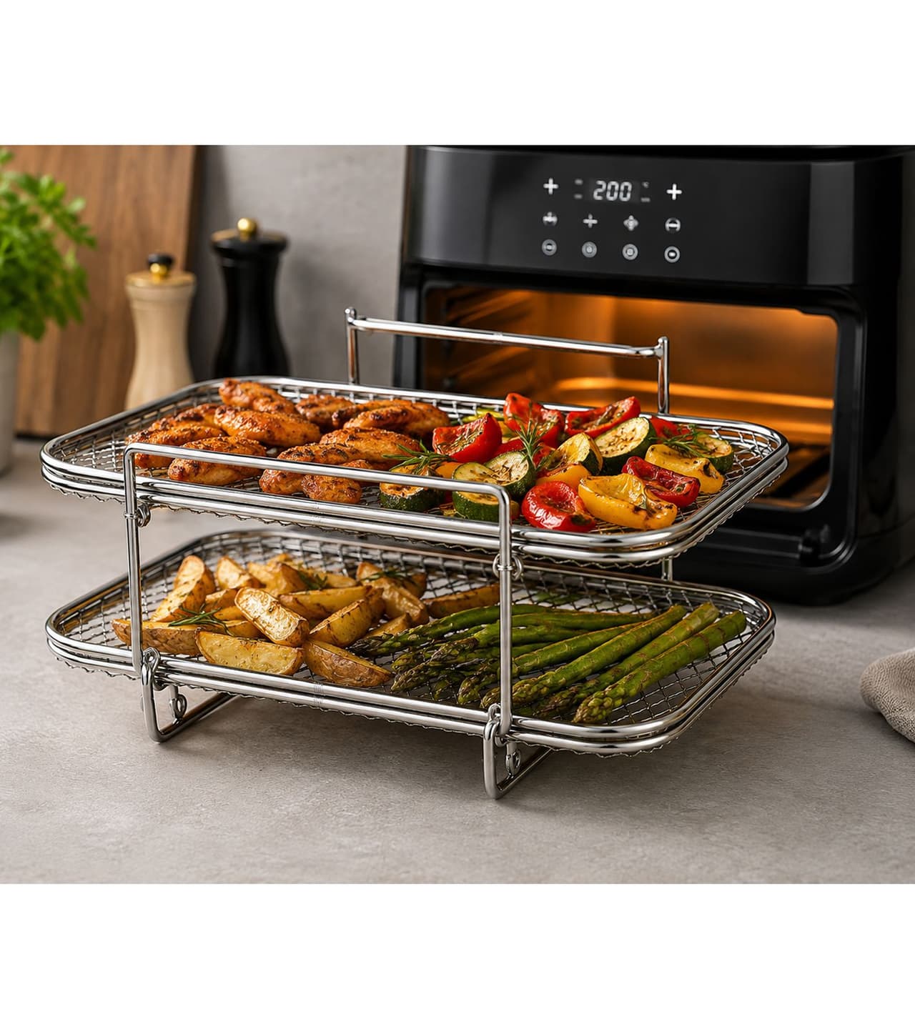 O46HI (MB11) Inserto de acero inoxidable para freidora de aire, diseño de dos niveles, compatible con freidoras de aire de 5-6 litros, aprox. 19,5 x 13 x 11,5 cm **Producto de segunda mano – Probado y en perfecto funcionamiento**