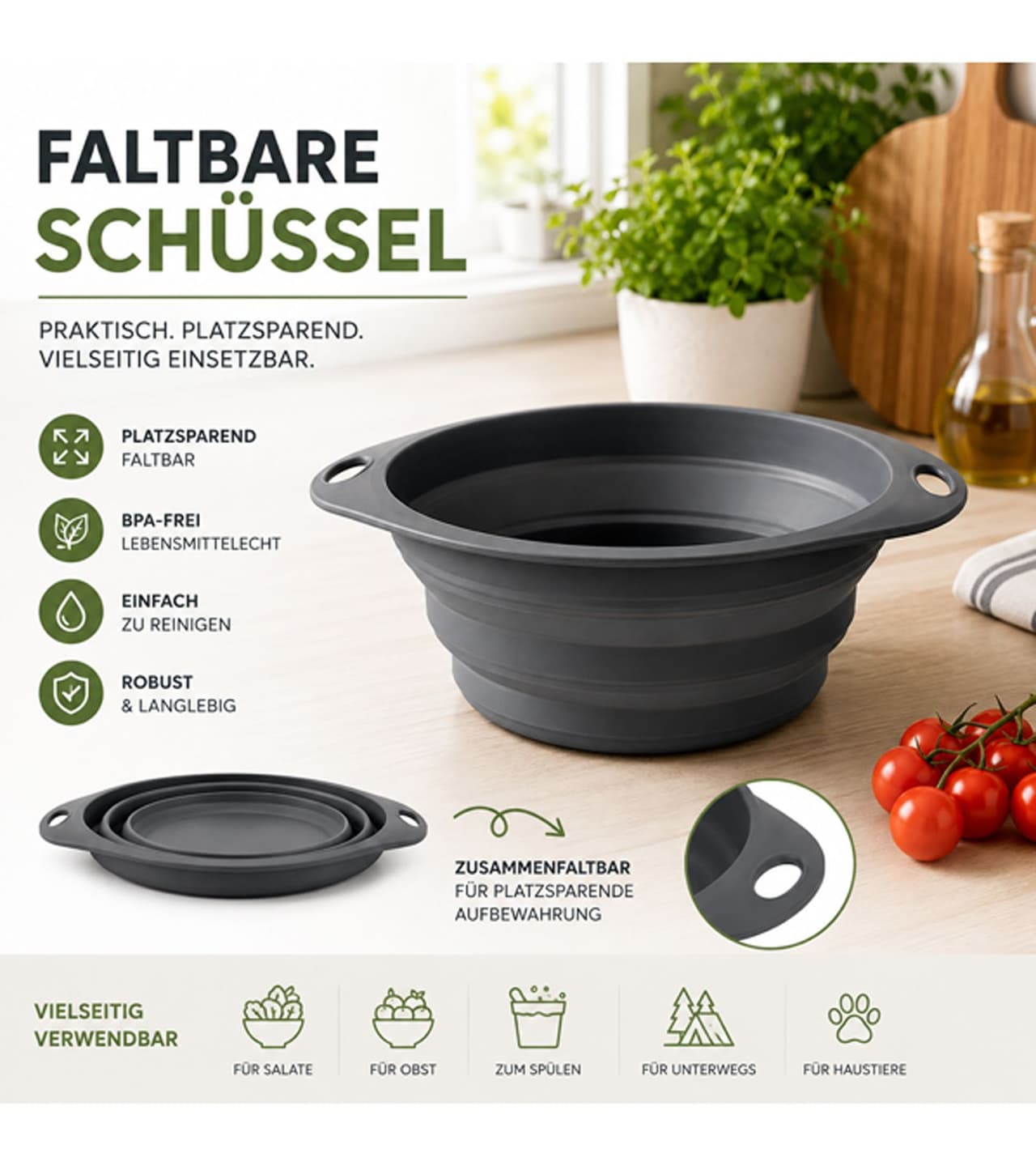 DR Home Divison Bol de silicona plegable DR HOME DIVISION, aprox. 3,5 l – Bol plegable que ahorra espacio, con prácticas asas (9499579) **Producto de categoría B (B-Stock): inspeccionado y totalmente funcional** – Gris oscuro