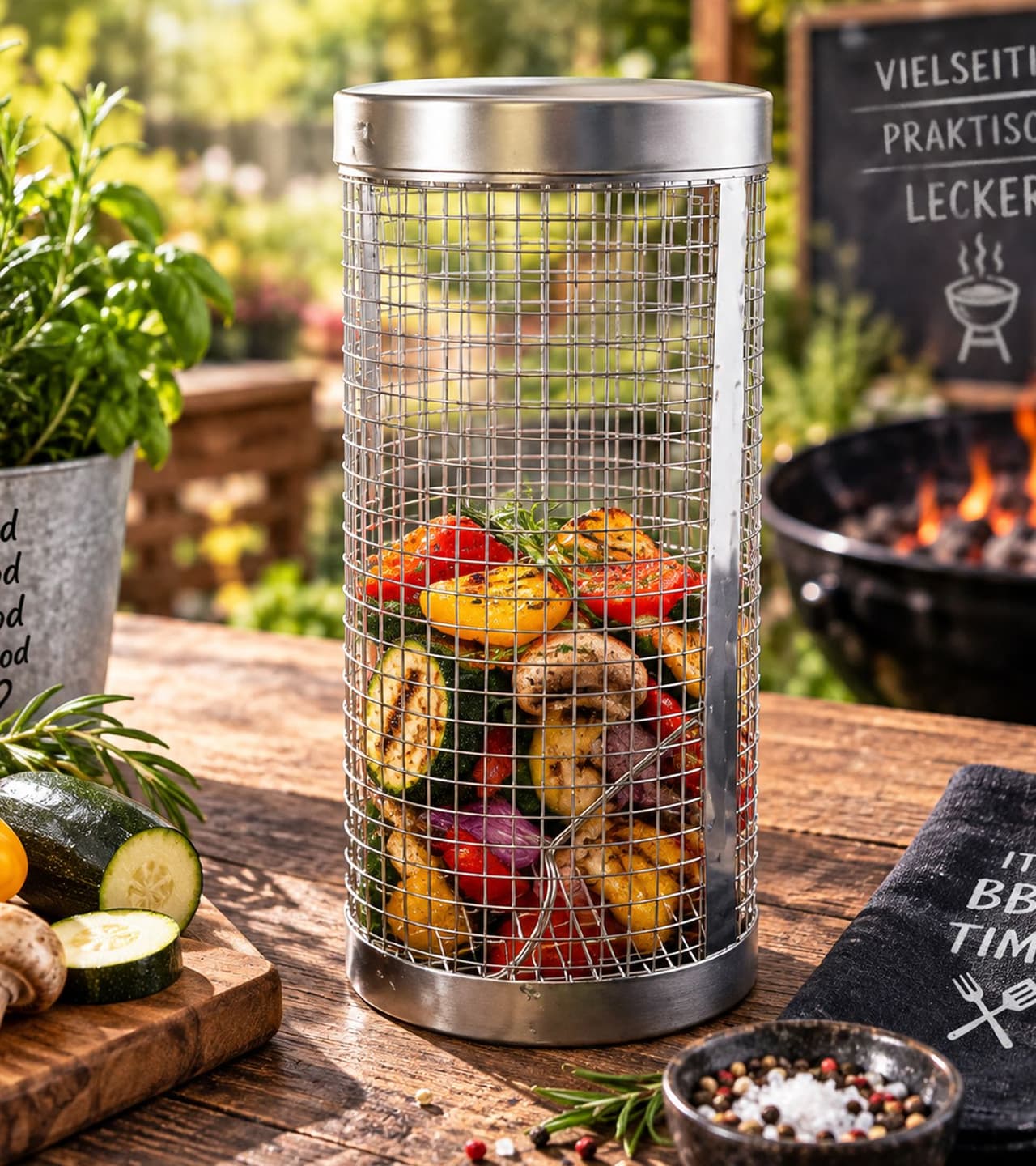 O46HI (MB11) Cesta cilíndrica de acero inoxidable para parrilla con gancho, accesorio para barbacoa, 20 x 9 cm **Producto de segunda mano – Probado y en perfecto estado** Plata