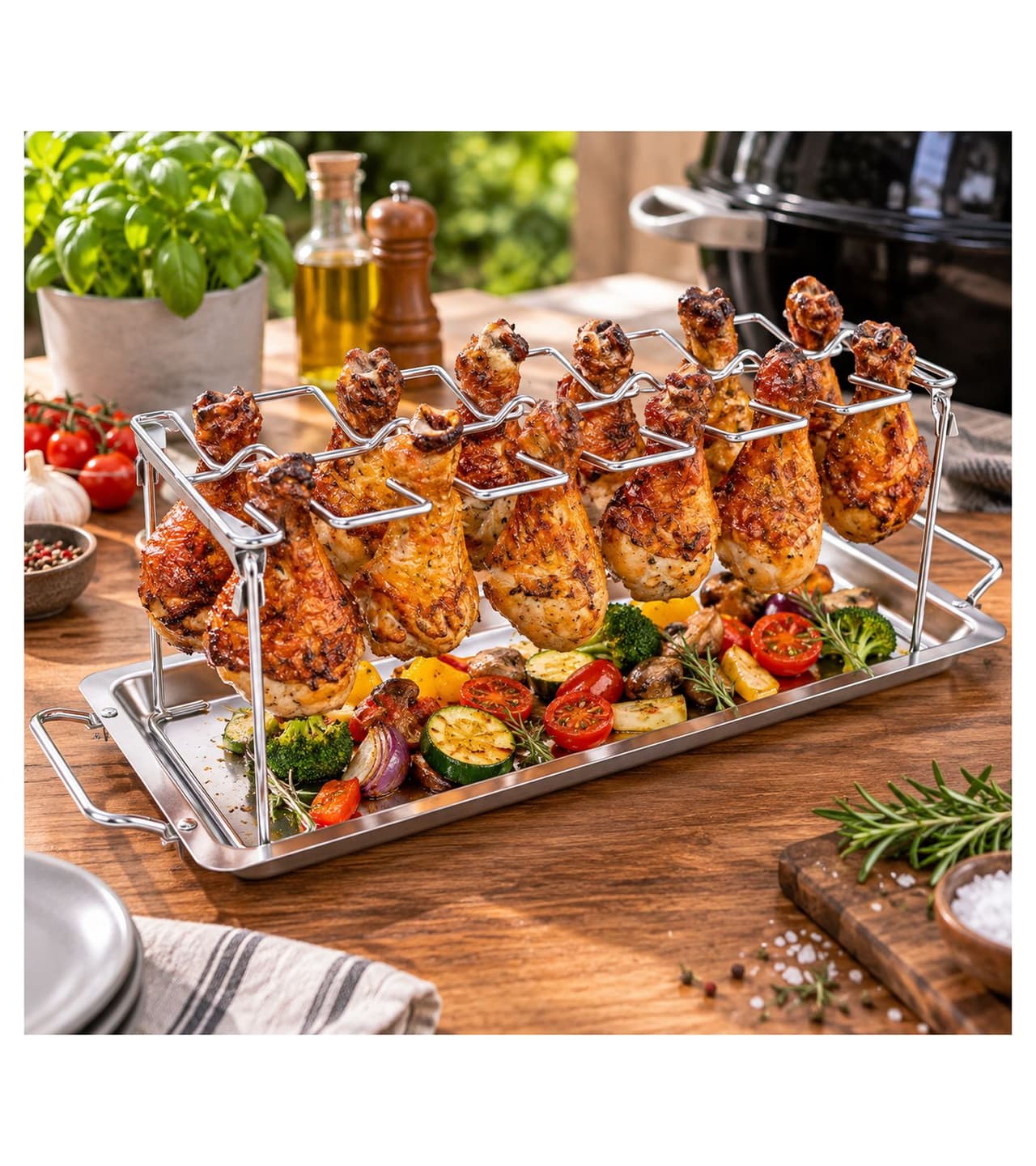 O46HI (MB11) Soporte práctico para muslos de pollo con bandeja recogegrasa, fabricado en acero inoxidable de alta calidad. Accesorio de cocina **Producto de segunda mano – probado y en perfecto funcionamiento** Plata