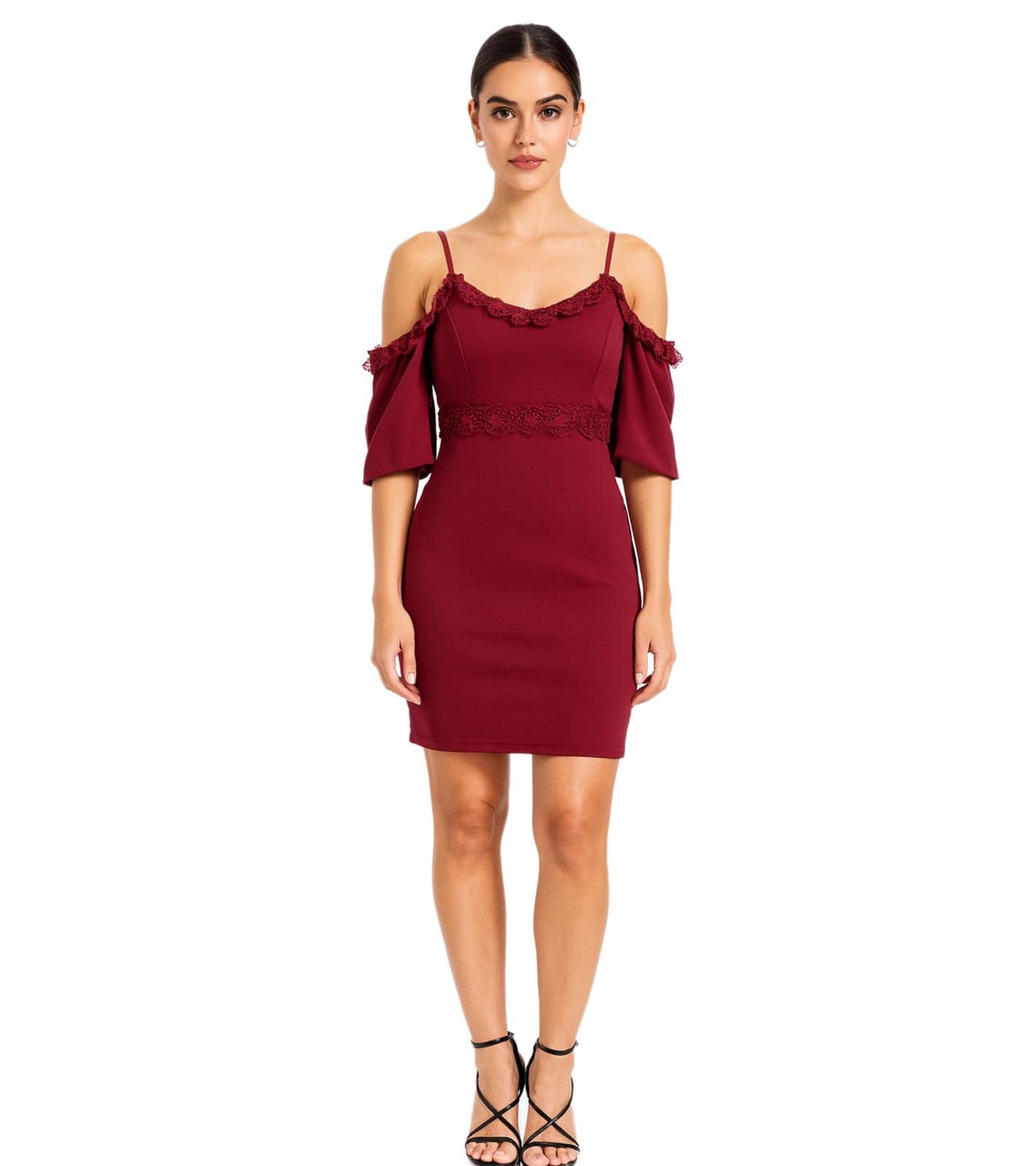 O46BPX (MB1) Vestido de encaje para mujer, minivestido con hombros descubiertos y tirantes finos ajustables, burdeos-rojo