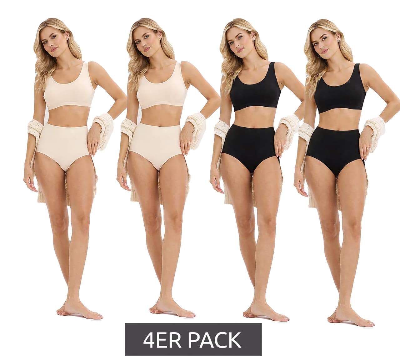 O46BPX (MB1) Pack de 4 Braguitas Cómodas de Cintura Alta para Mujer de Microfibra Suave, Ropa Interior Sostenible de Cintura Alta Negro/Beige