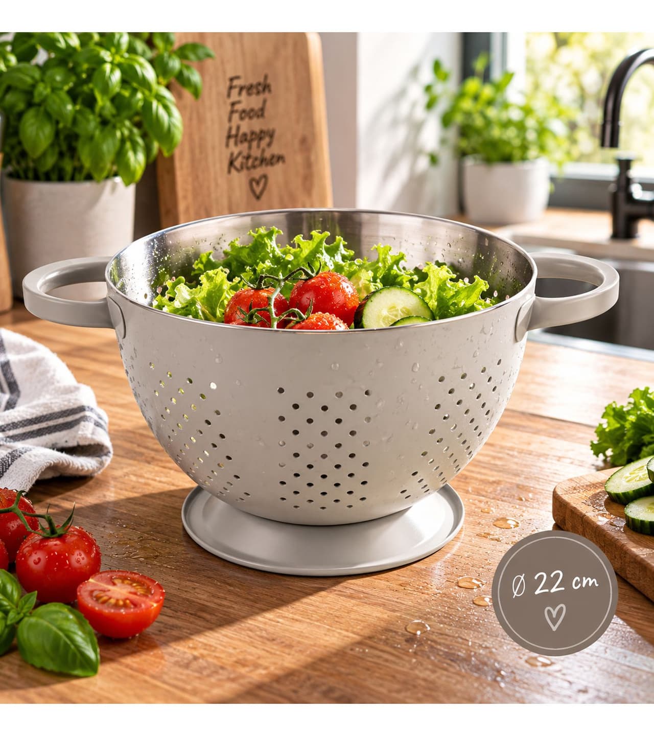 O46HI (MB11) Colador con 2 asas laterales, escurridor, aprox. 22 cm de diámetro, colador de cocina **Grado B – probado y completamente funcional** Plateado