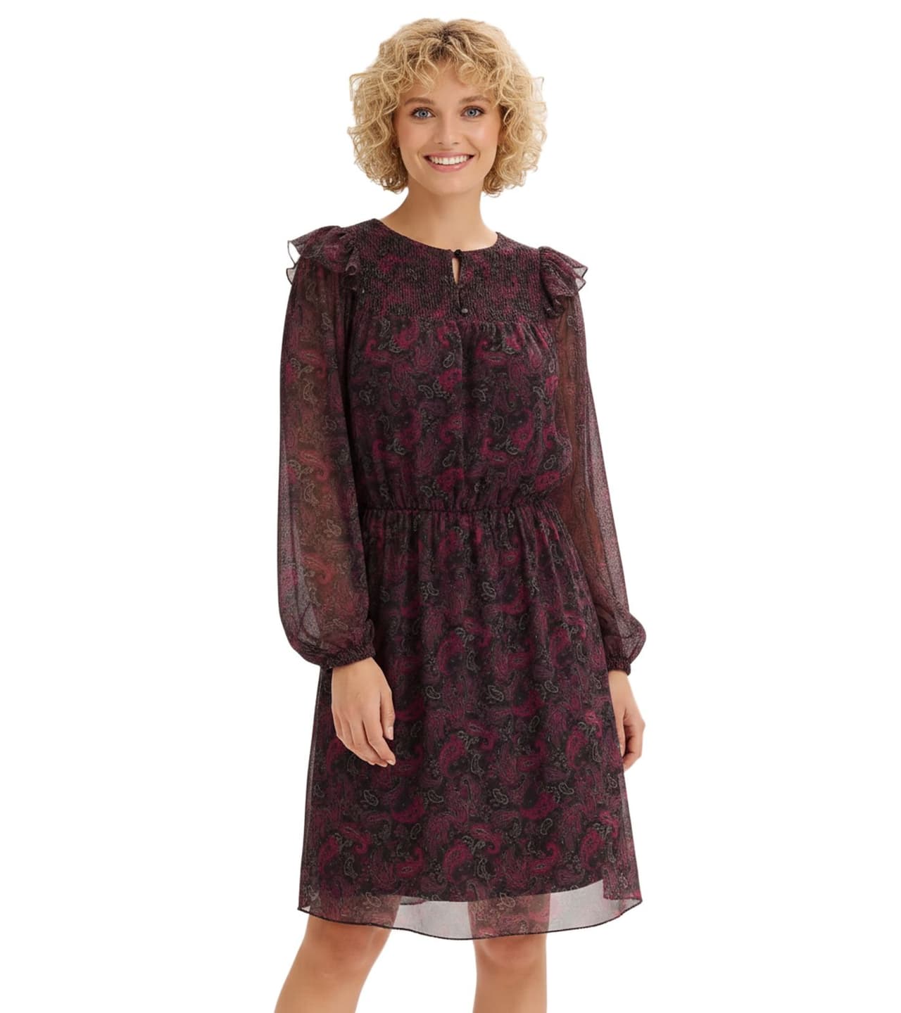 O46BPX (MB1) Vestido de punto para mujer con delicados volantes, manga larga, estilo casual, 954404, rojo/verde/negro