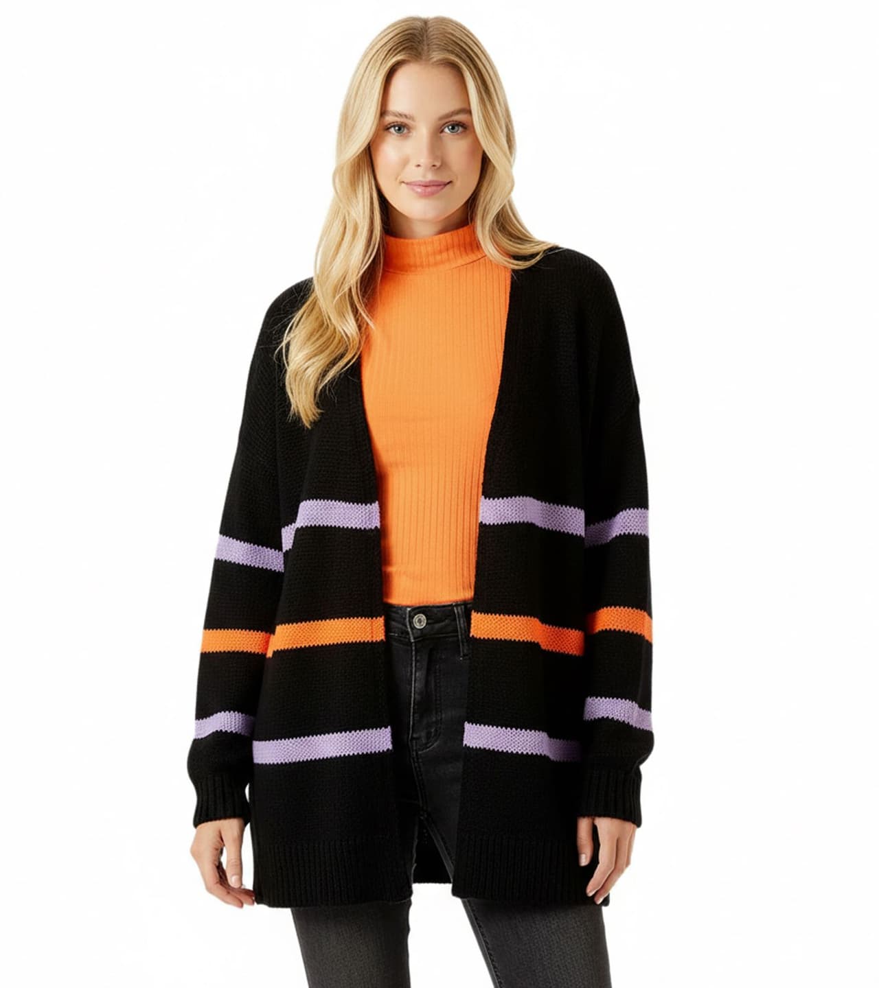 Aniston Chaqueta de punto de mujer CASUAL, cárdigan de moda con rayas de colores Negro/Naranja/Morado
