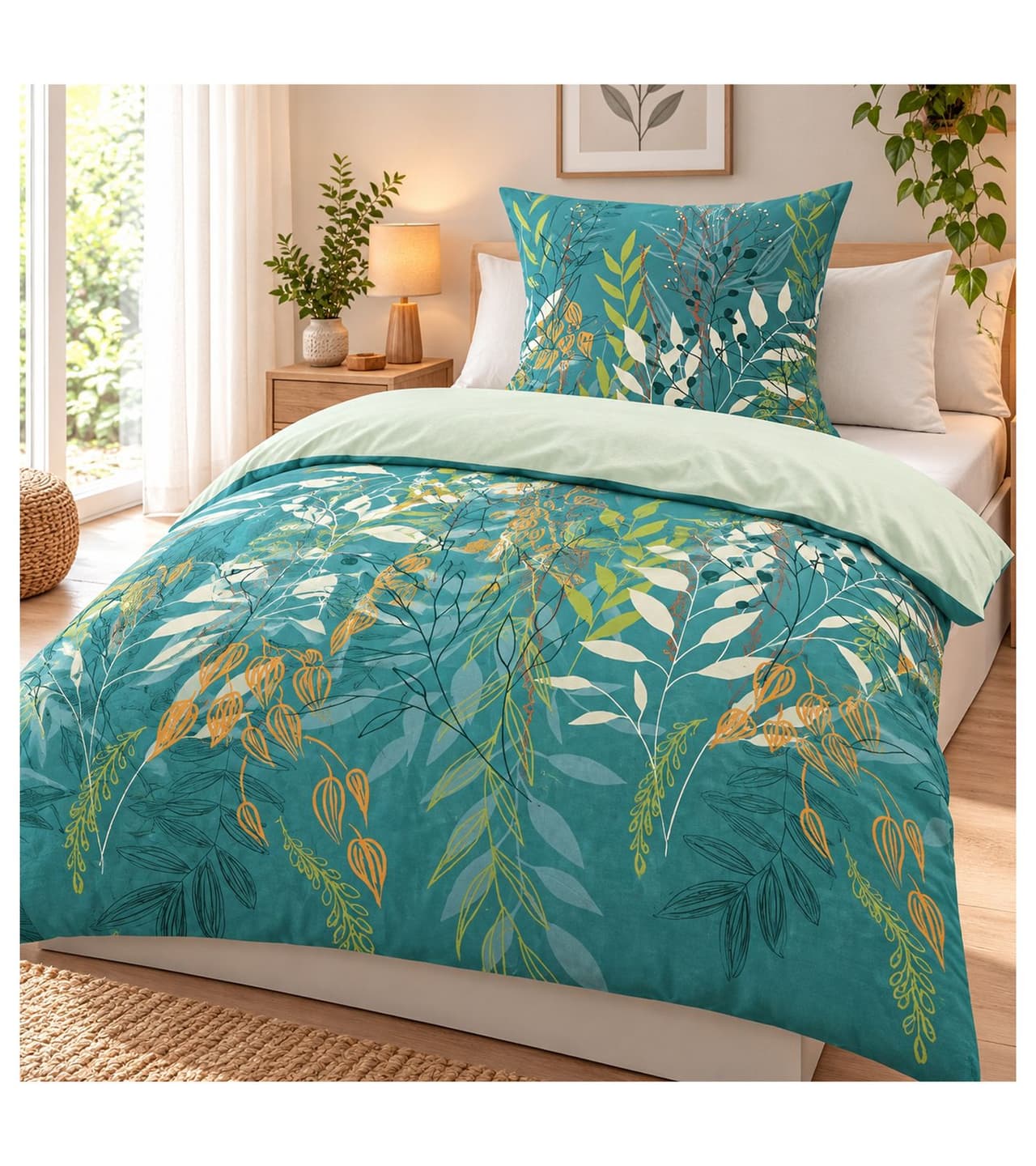 O46HI (MB11) Juego de ropa de cama reversible de algodón Renforcé con estampado botánico de hojas y plantas; incluye funda de almohada (80 x 80 cm) y funda nórdica (135 x 200 cm); color verde