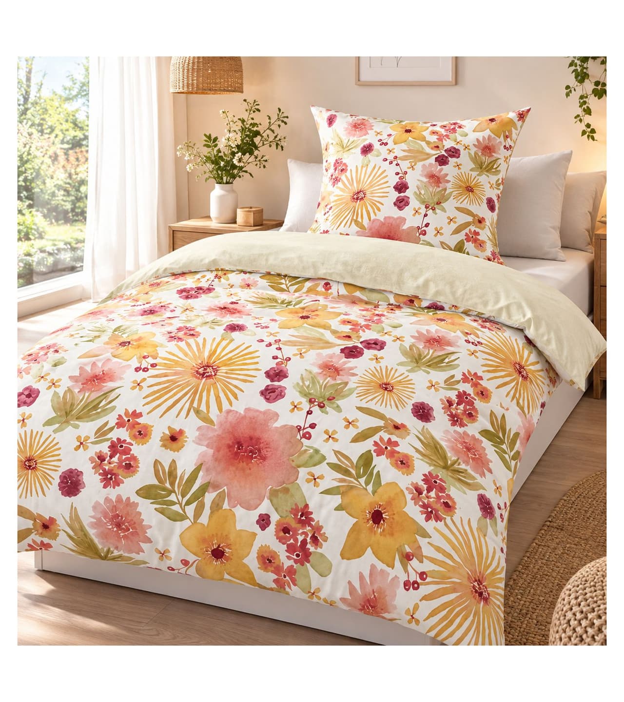 O46HI (MB11) Juego de ropa de cama reversible de algodón Renforcé con estampado floral; incluye funda de almohada (80 x 80 cm) y funda nórdica (135 x 200 cm); blanco/multicolor
