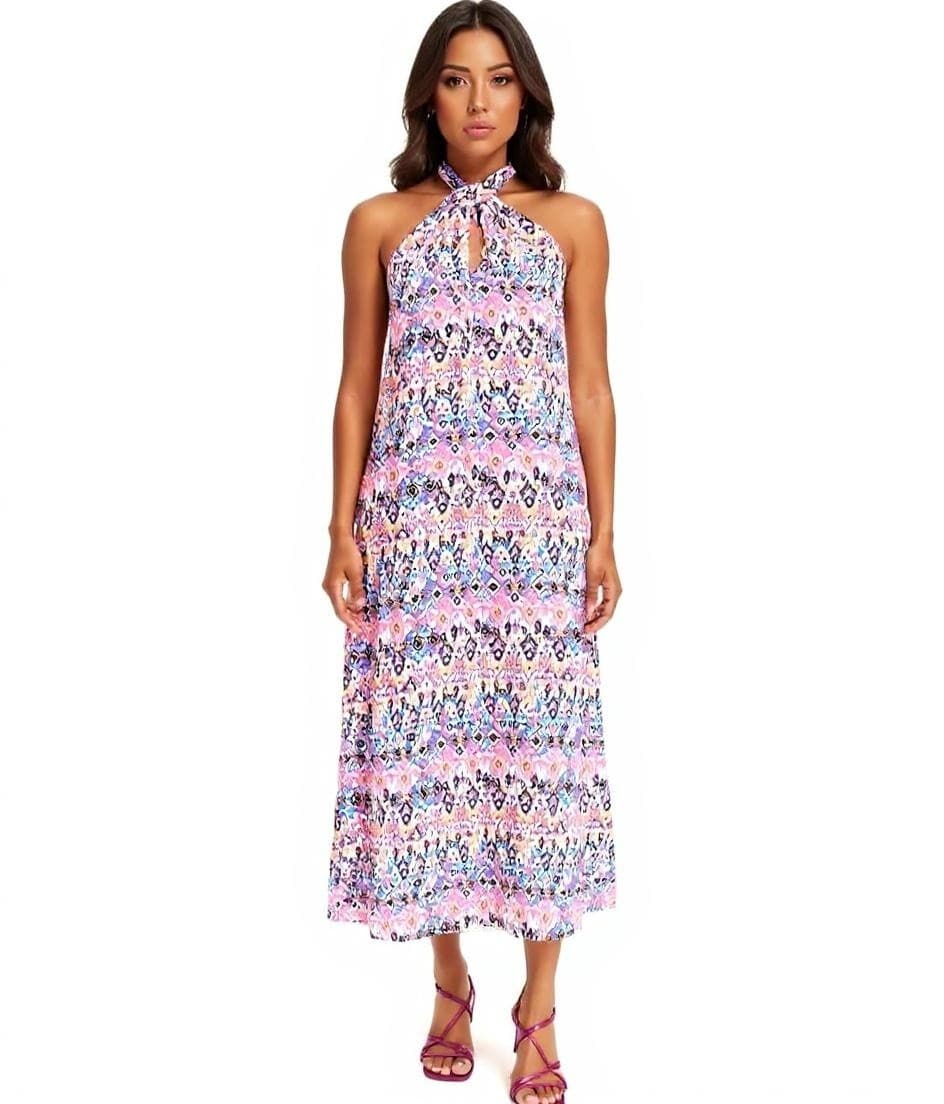 O46BPX (MB1) Vestido de verano para mujer, cuello halter, estampado colorido por todas partes, sin mangas, largo, 968836, rosa/naranja/negro