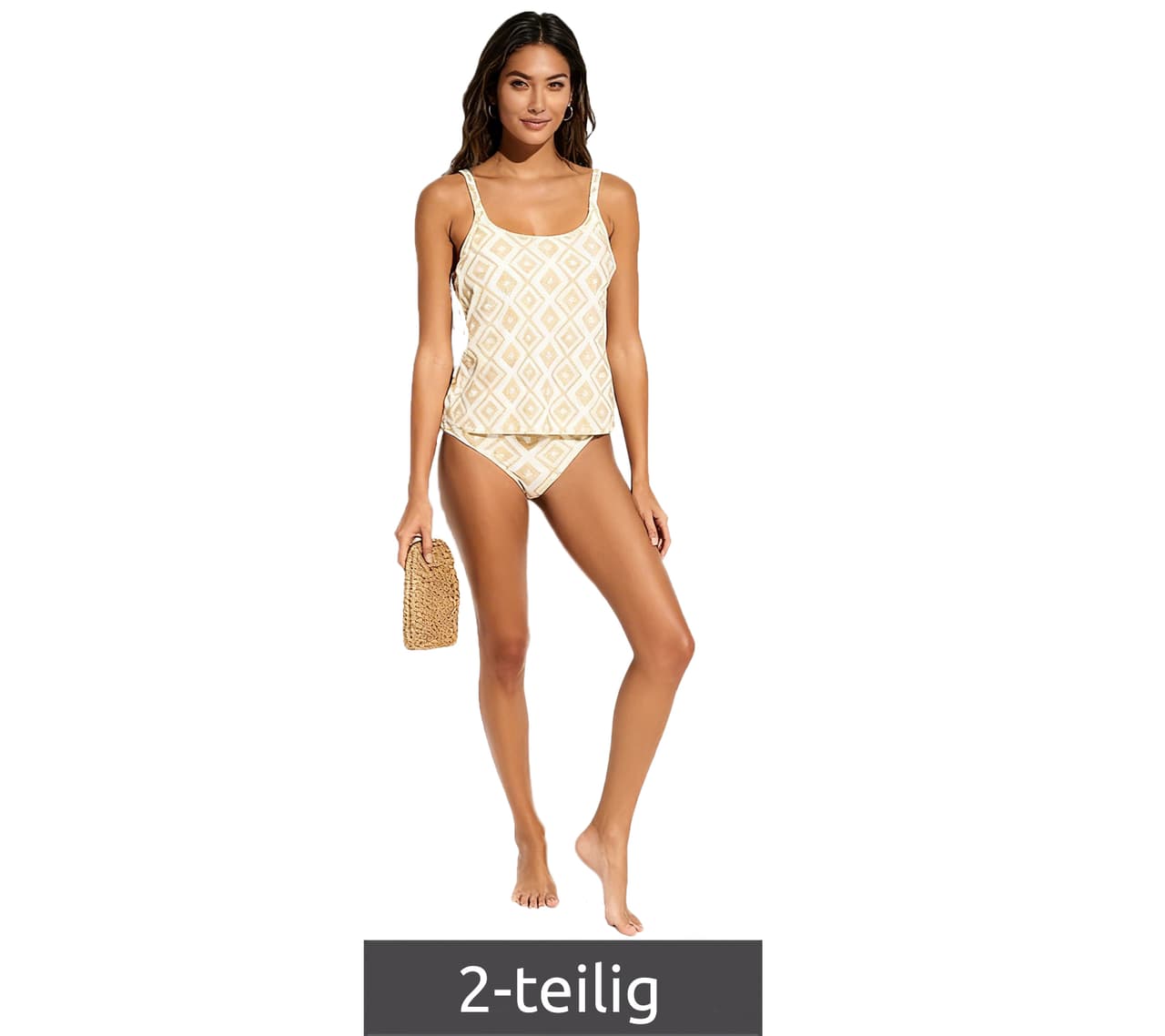 O46BPX (MB1) Conjunto de tankini atemporal de 2 piezas para mujer con copas acolchadas, top y braguita para playa y verano Beige/Blanco