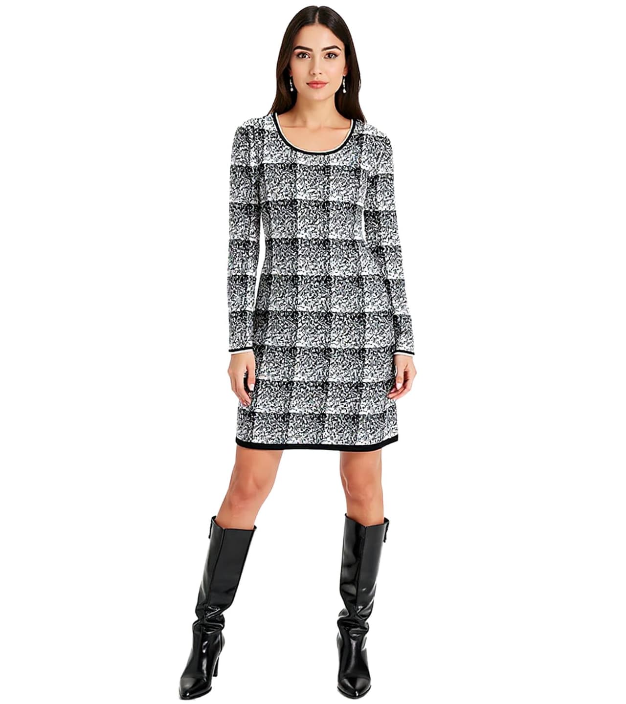 O46BPX (MB1) Vestido de punto a cuadros para mujer, minivestido de manga larga, Negro/Blanco