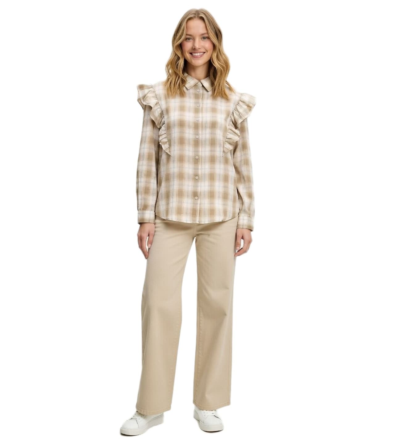 O46BPX (MB1) Blusa de verano a cuadros con volantes para mujer Beige/Marrón