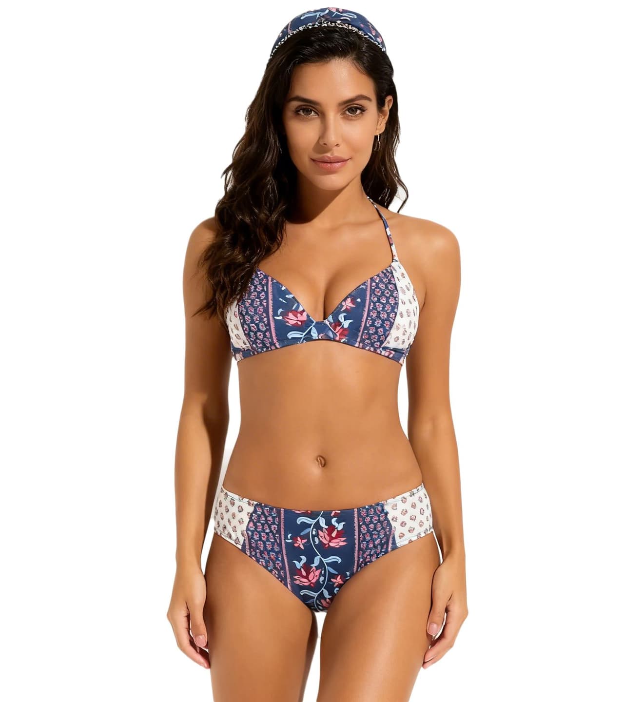 O46BPX (MB1) Braguita de bikini divertida para mujer con corte de pierna regular y adornos Azul/Rosa/Beige