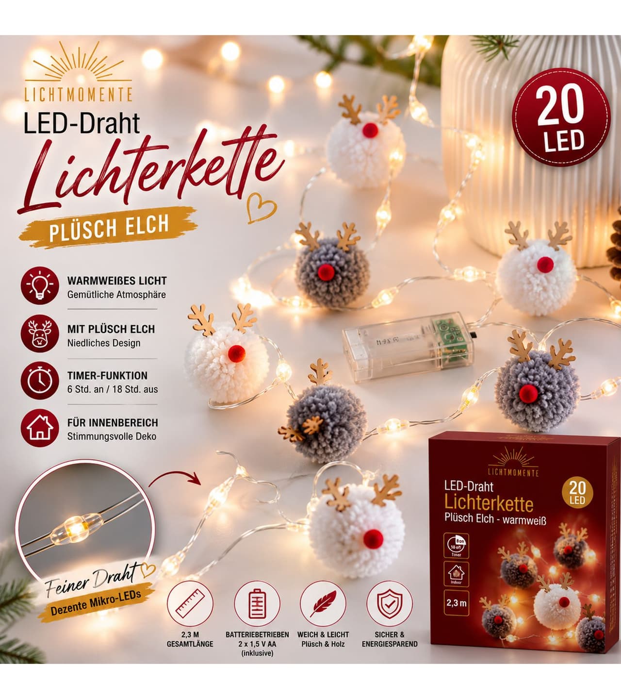 Lichtmomente Guirnalda de luces LED impermeables con diseño de alce de peluche, función de temporizador, 2,3 metros, 20 micro LEDs blanco cálido, Plata