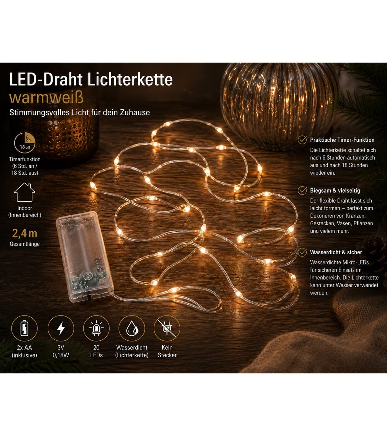 Lichtmomente Guirnalda de luces LED Sparkling Moments of Light con función de temporizador, 2,4 metros, 20 bombillas micro LED blanco cálido (9843441, color plata)
