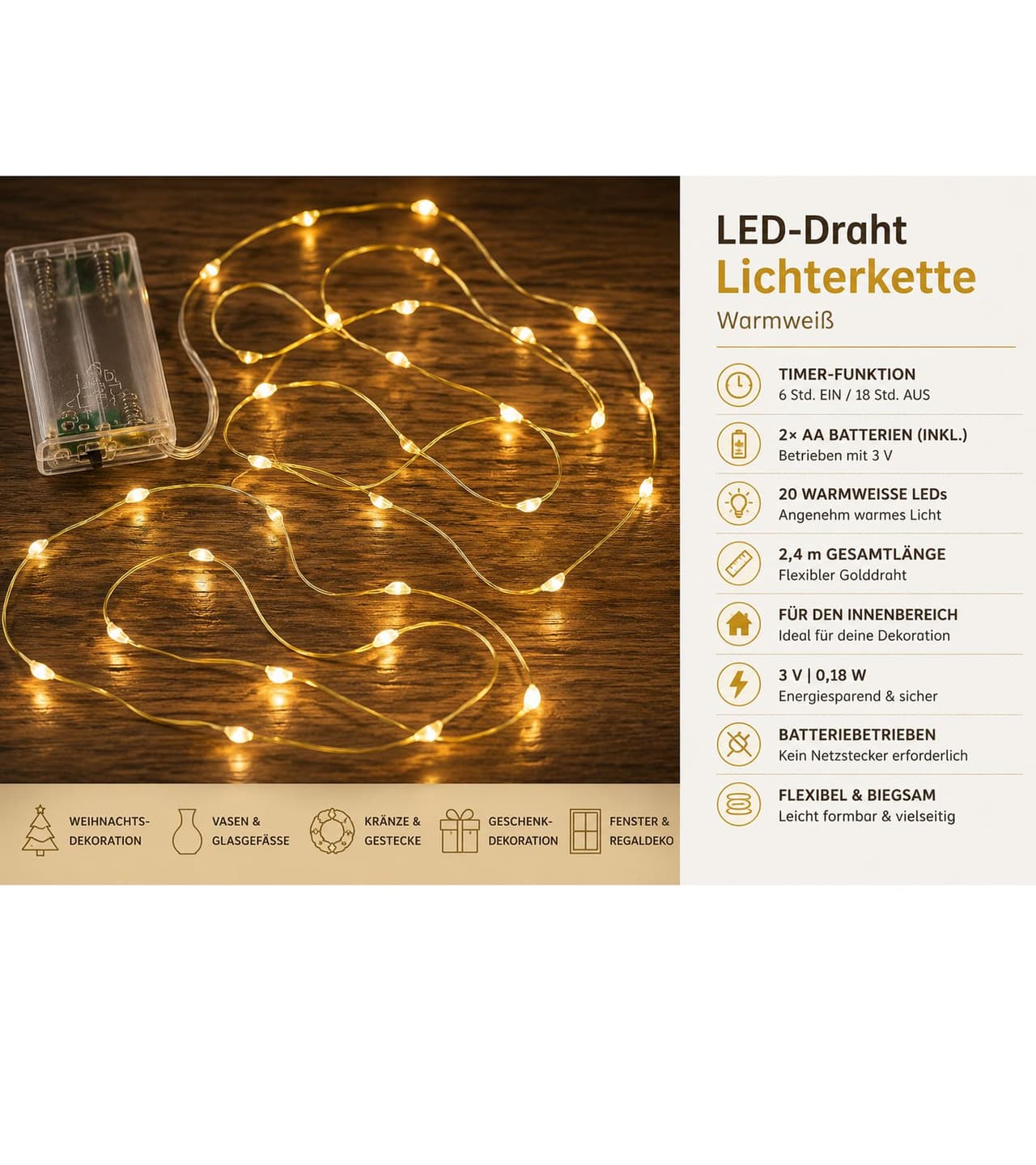 Lichtmomente Guirnalda de luces LED Sparkling Moments of Light con función de temporizador, 2,4 metros, 20 bombillas micro LED blanco cálido, 9843546, color dorado