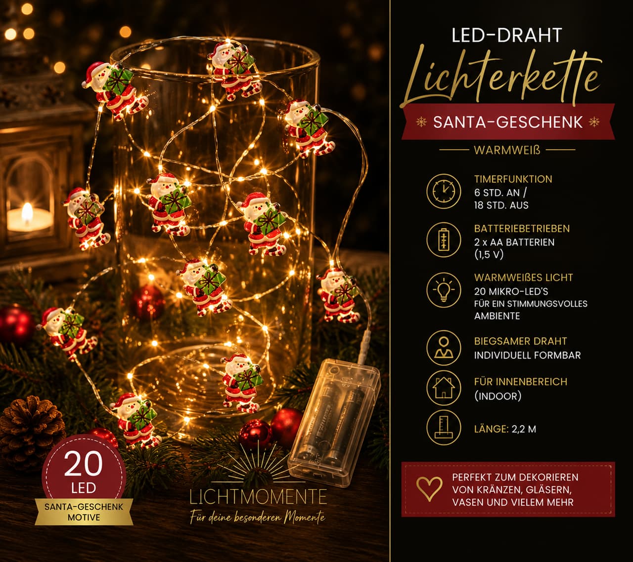 Lichtmomente Guirnalda de luces LED Sparkling Light Moments con diseño de regalo de Papá Noel, función de temporizador, 2,2 metros, 20 micro LEDs blanco cálido, Plata