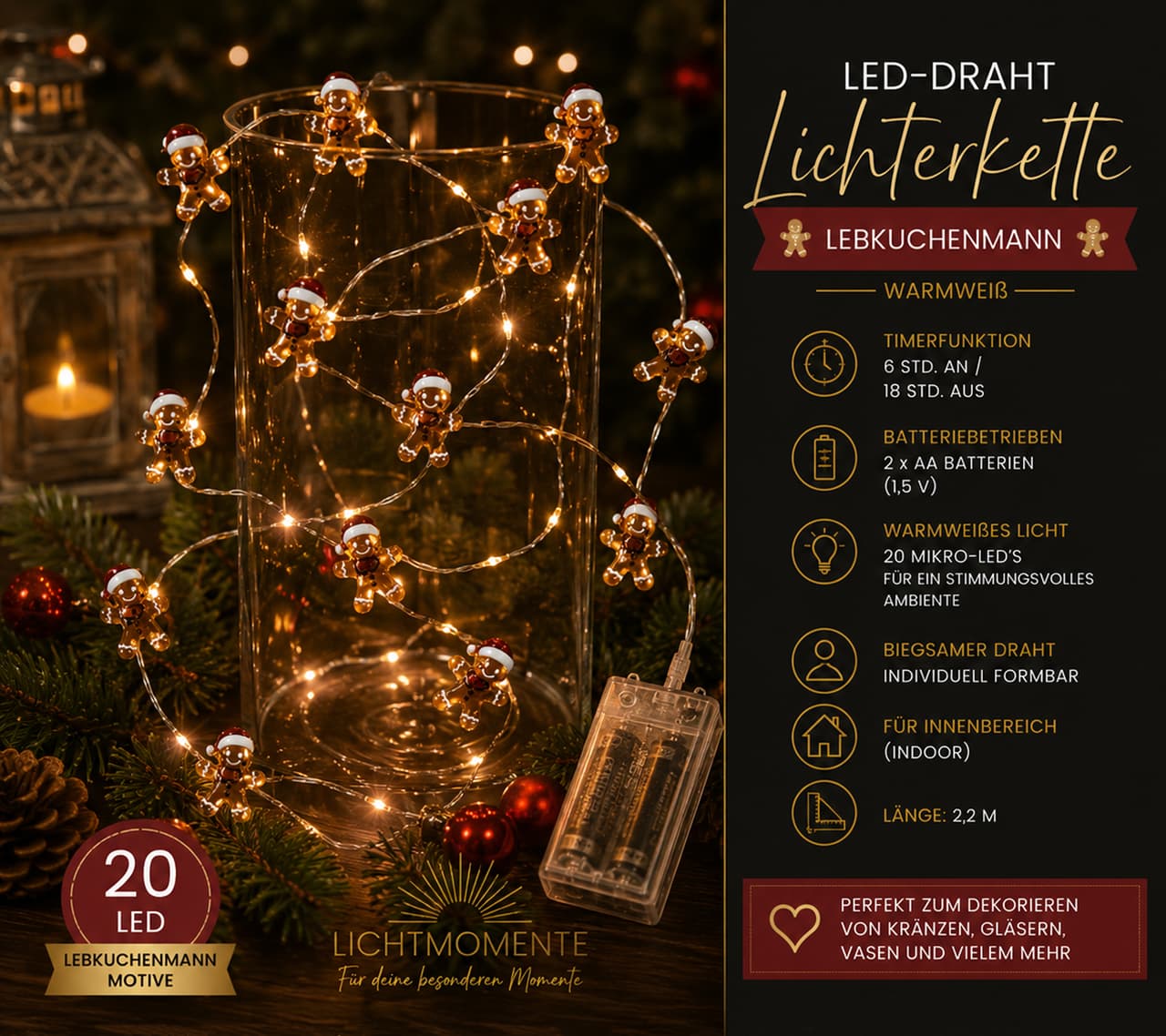 Lichtmomente Guirnalda de luces LED impermeables con diseño de hombre de jengibre, función de temporizador, 2,2 metros, 20 micro LEDs blanco cálido, Plata
