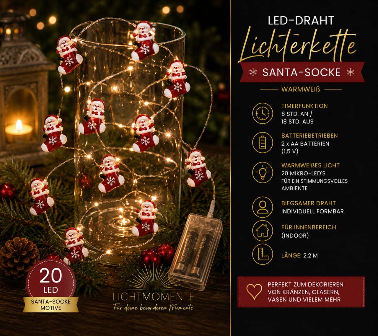 Lichtmomente Guirnalda de luces LED LIGHT MOMENTS con diseño de calcetín de Papá Noel, 2,2 metros, 20 micro LEDs blanco cálido, Plata