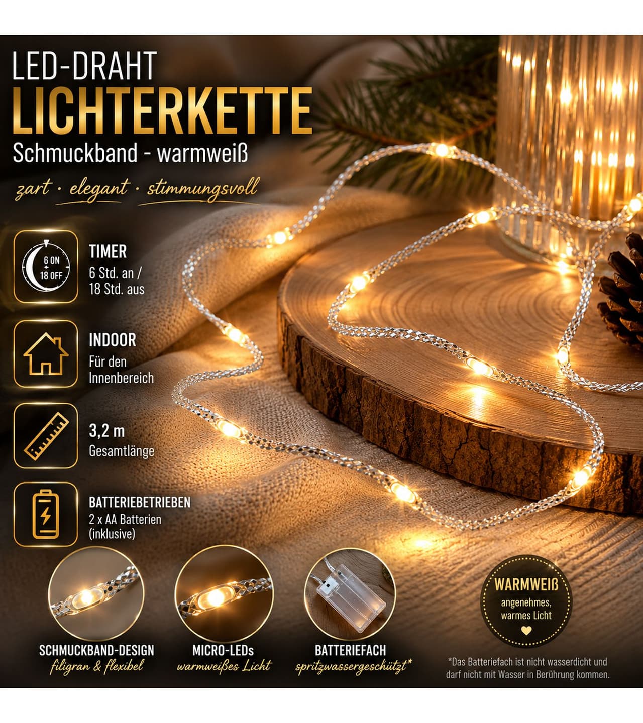 Lichtmomente Guirnalda de luces LED LIGHT MOMENTS con cinta decorativa y temporizador, 3,2 metros, 20 micro LEDs blanco cálido, Plata