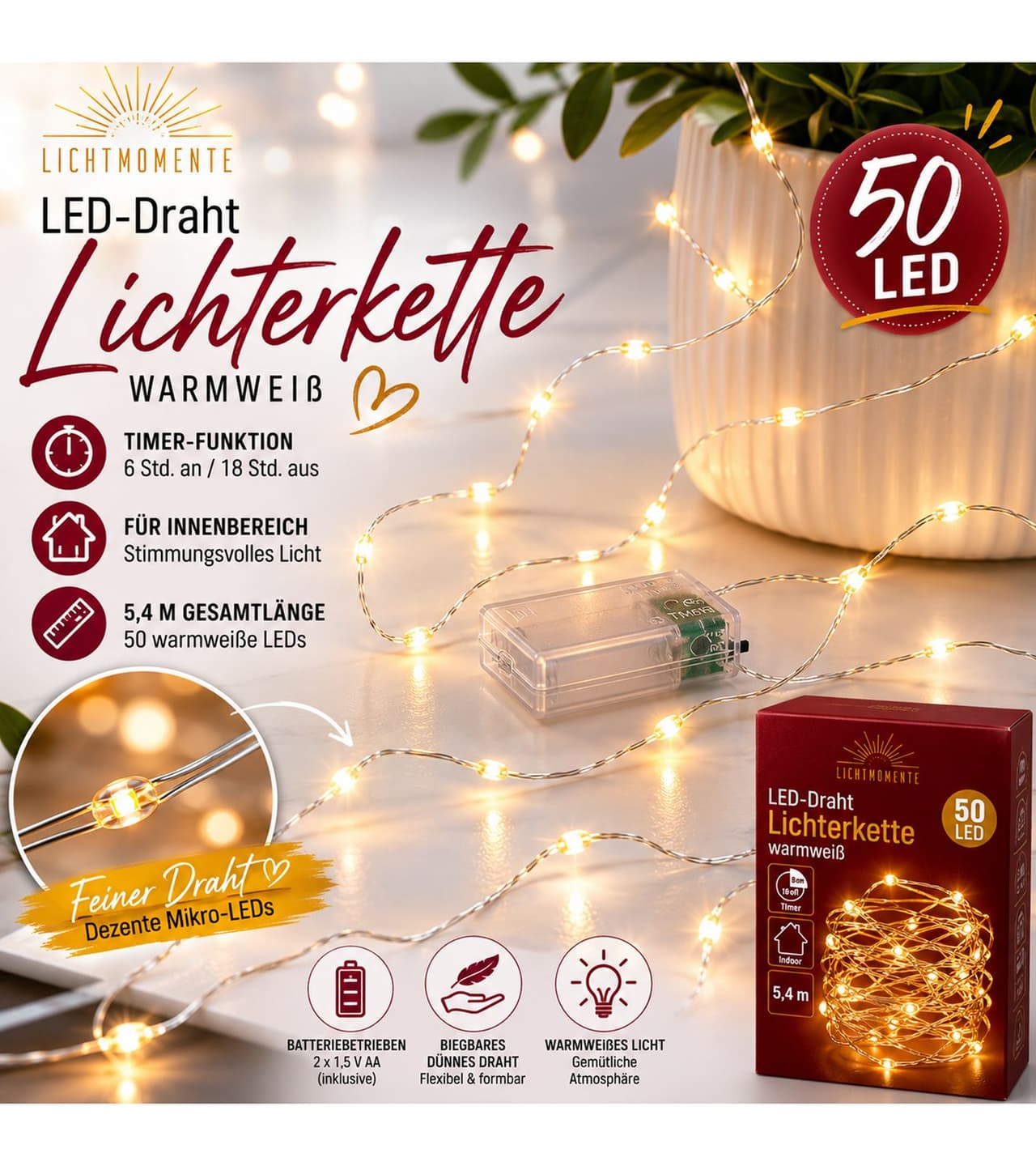 Lichtmomente Guirnalda de luces LED impermeables con temporizador, 5,4 metros, 50 micro LEDs blanco cálido, Plata