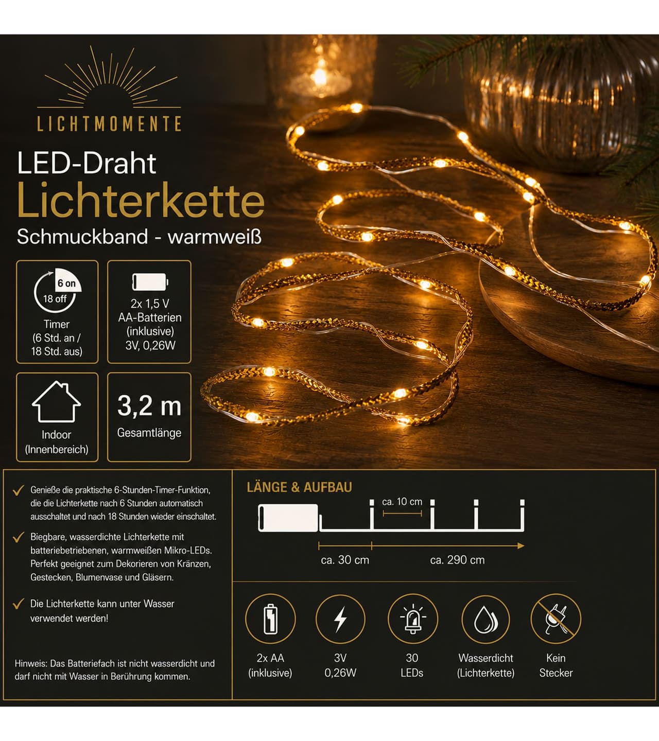 Lichtmomente Guirnalda de luces LED LIGHT MOMENTS con cinta decorativa y temporizador, 3,2 metros, 20 micro LEDs blanco cálido, Dorado