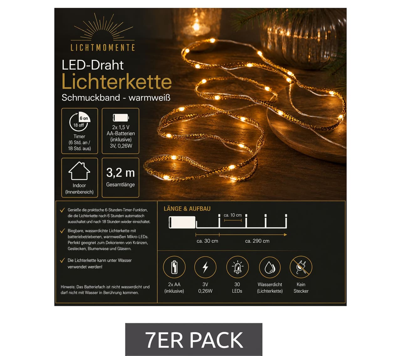 Lichtmomente Paquete de 7 guirnaldas de luces LED LIGHT MOMENTS con cinta decorativa, temporizador, 3,2 metros, 20 micro LEDs blanco cálido, color dorado